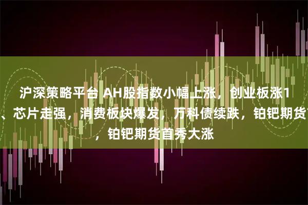 沪深策略平台 AH股指数小幅上涨，创业板涨1%，锂电、芯片走强，消费板块爆发，万科债续跌，铂钯期货首秀大涨